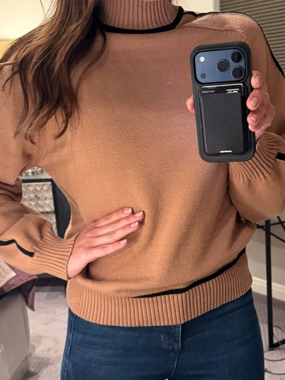 Zaful Camel Turtleneck Sweater with Black Contrast Trim